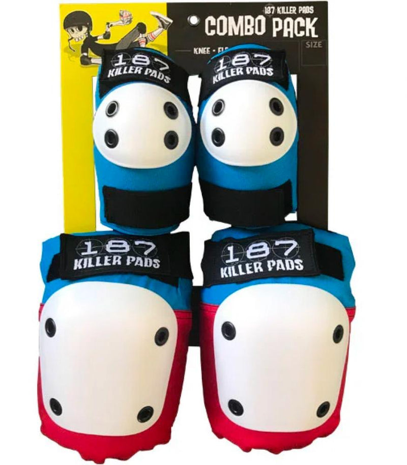 187 Protection Adult Killer Pad Set Knee and Elbow, Red/White/Blue