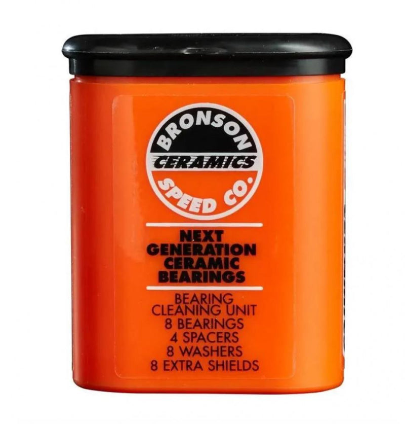 Bronson Speed Co. Ceramic Skateboard Bearings 8 Pack With Cleaning Unit Tub