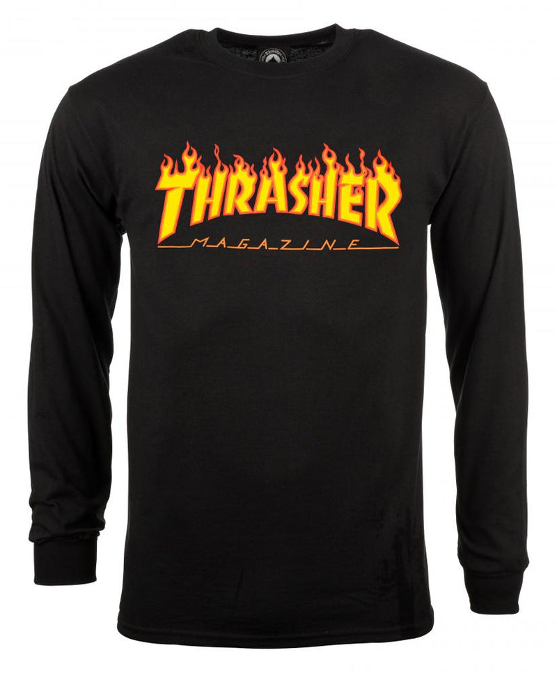 Thrasher Magazine Flame Logo Skateboard Long Sleeve T-Shirt, Black